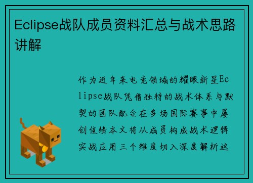 Eclipse战队成员资料汇总与战术思路讲解