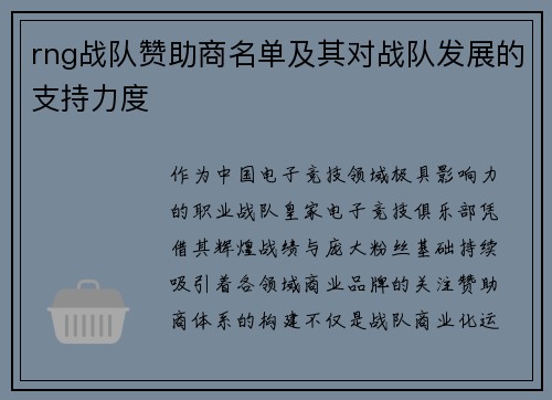 rng战队赞助商名单及其对战队发展的支持力度