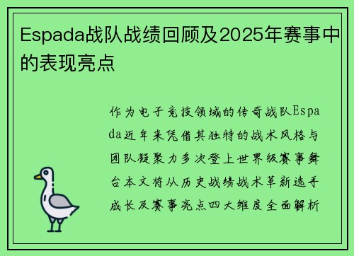 Espada战队战绩回顾及2025年赛事中的表现亮点